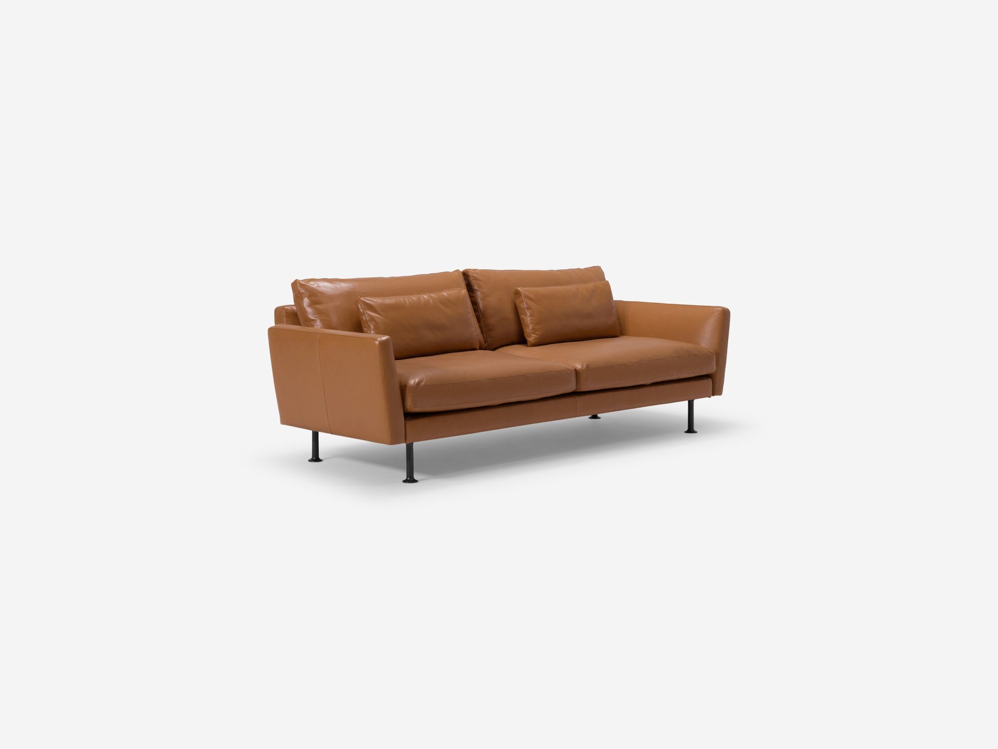 Front angle view of modern brown leather sofa